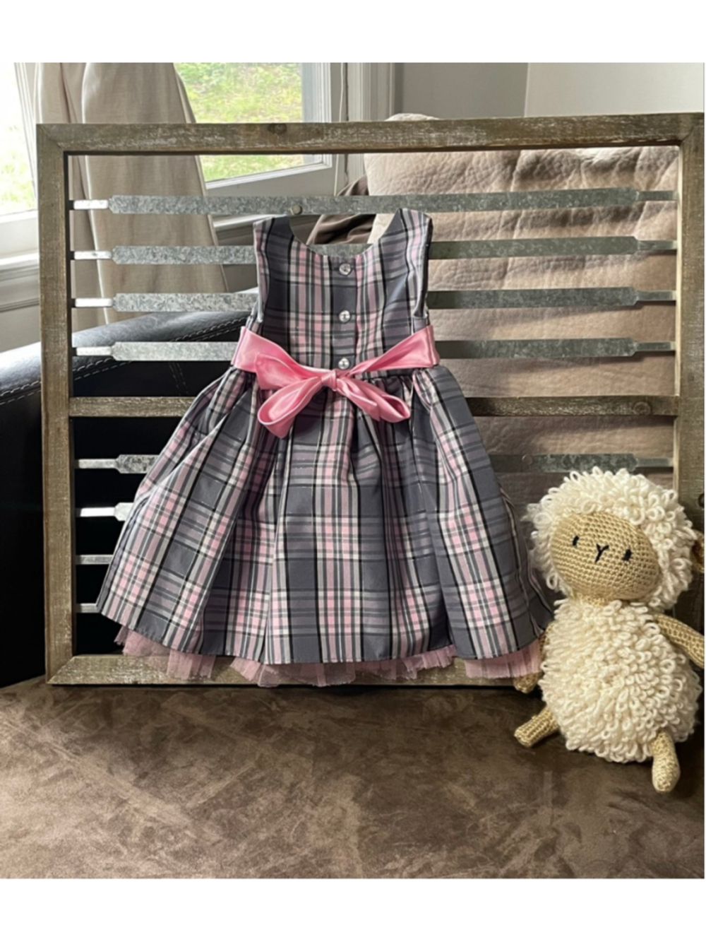 Girls Youngland Formal Dress 18 Months Gray Pink Plaid - Picture 3 of 8